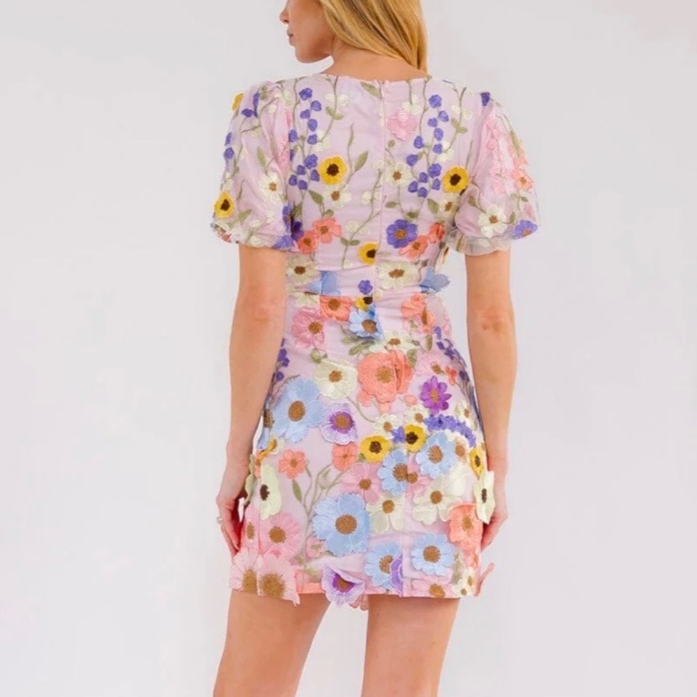 WOMEN'S 3D FLORAL BODYCON MINI DRESS WITH PUFF SLEEVES - Picture 5 of 13